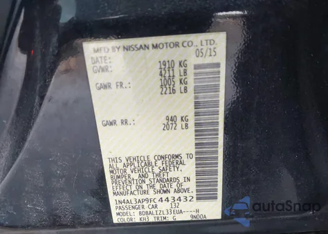 2015 Nissan Altima 2.5 Sv z USA, uszkodzony, nr VIN 1N4AL3AP9FC443432